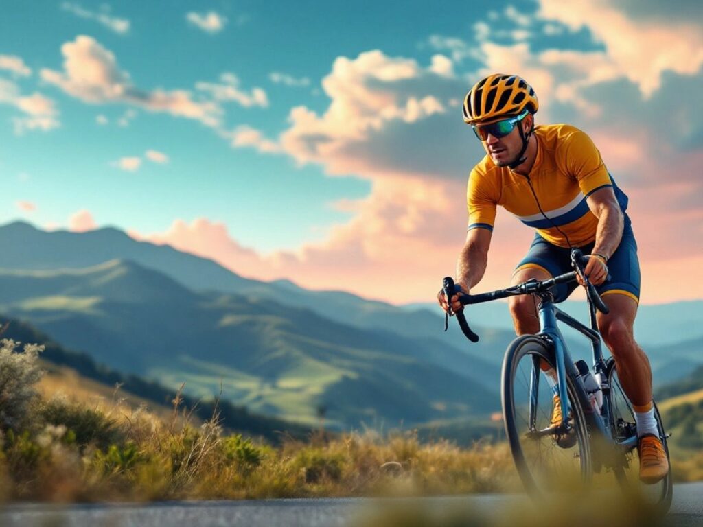 Un cycliste en pleine course sur une route pittoresque.