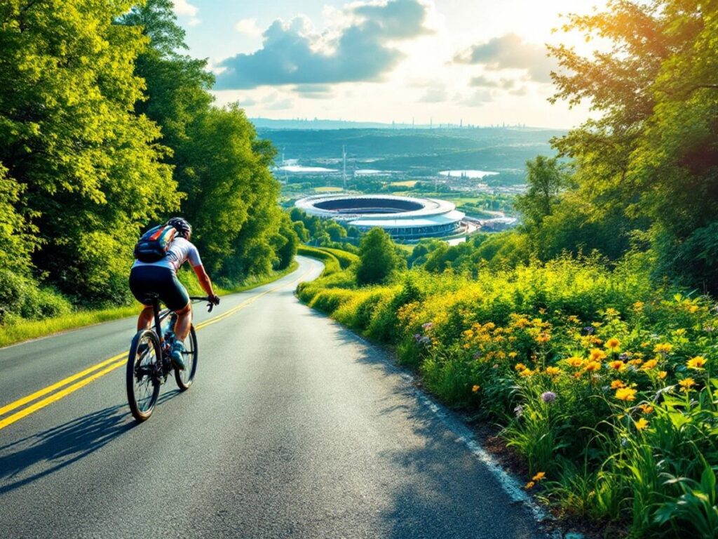 Cycliste en mouvement sur une route pittoresque.