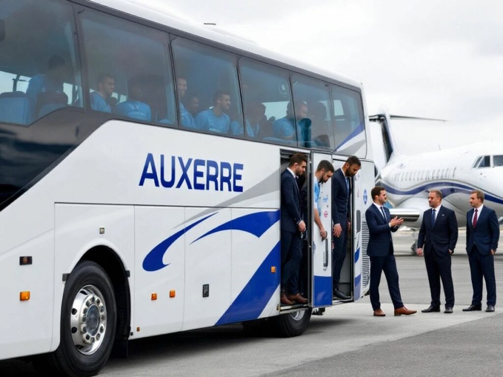 Des joueurs de football auxerrois dans un bus.