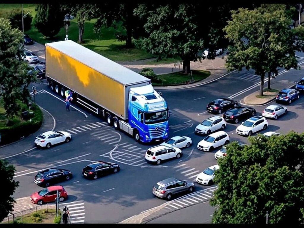 Un camion bloquant un rond-point à Rodez.