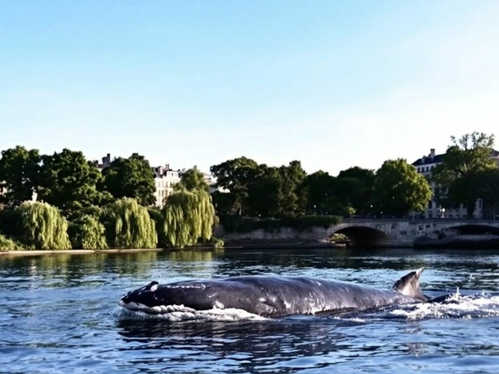 Baleine nageant dans la Seine, entourée de verdure.