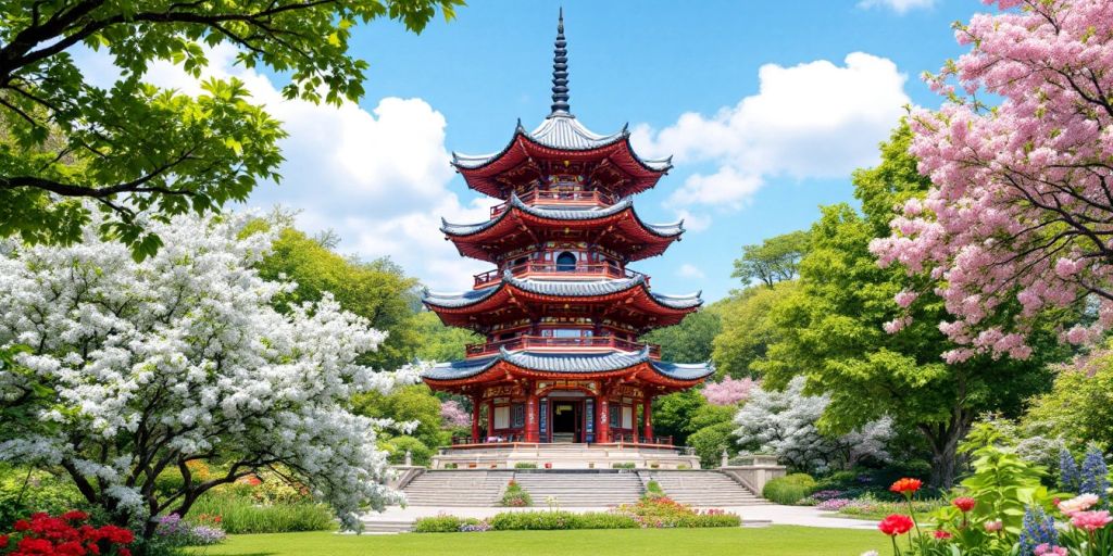 Une pagode colorée dans un jardin verdoyant.