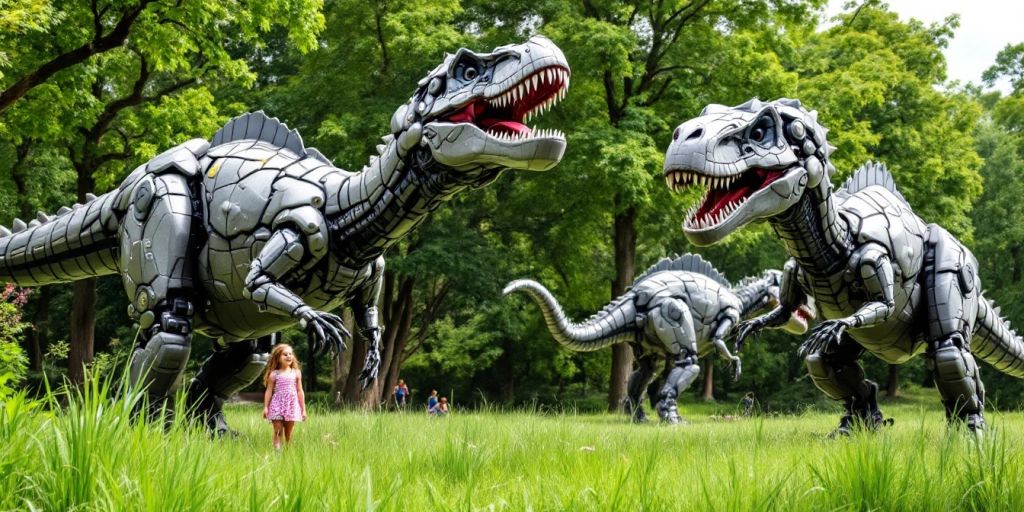 Dinosaures robotisés géants dans un paysage verdoyant.