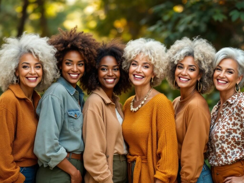 Groupe de femmes de plus de 50 ans posant nues.