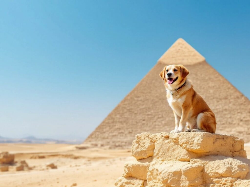 Un chien sur une pyramide égyptienne.