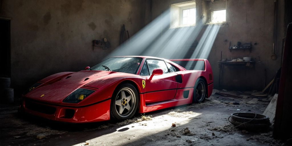 Ferrari F40 oubliée dans un garage poussiéreux.