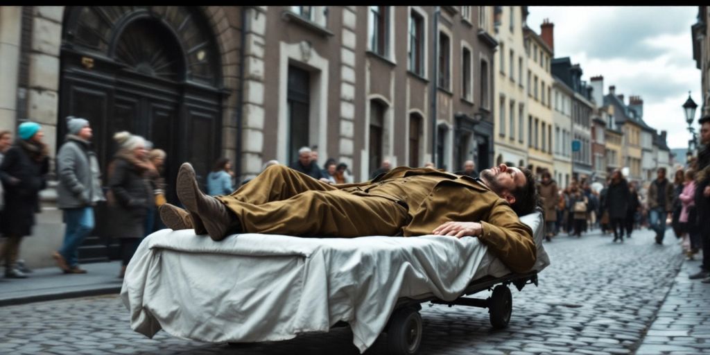 Un homme allongé sur un lit dans la rue.