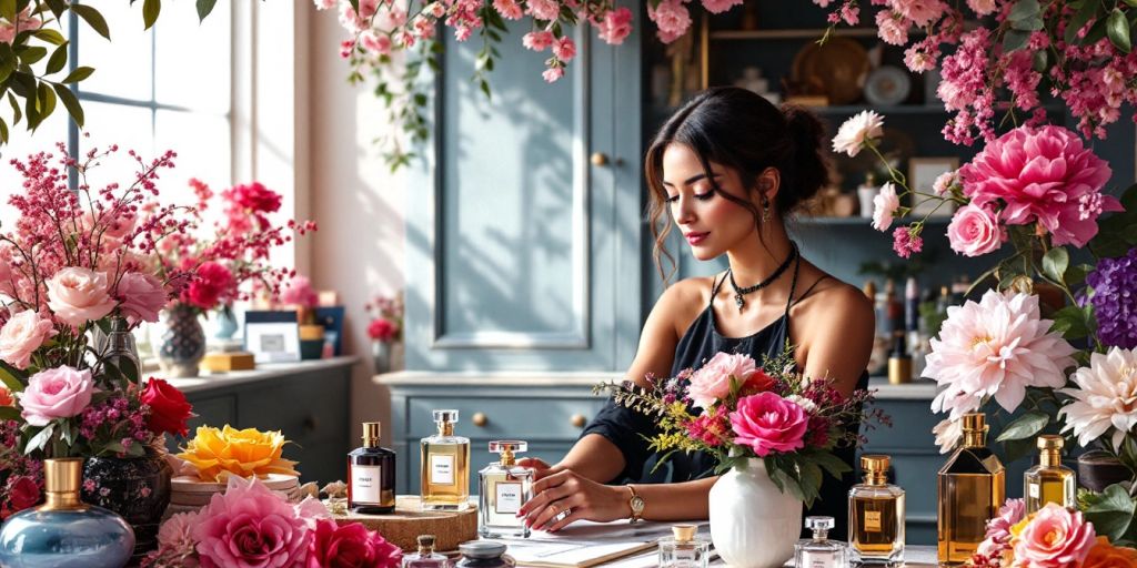 Un conseiller en parfums entouré de flacons colorés.