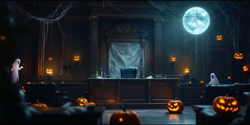 Salle d'audience décorée pour Halloween avec citrouilles.