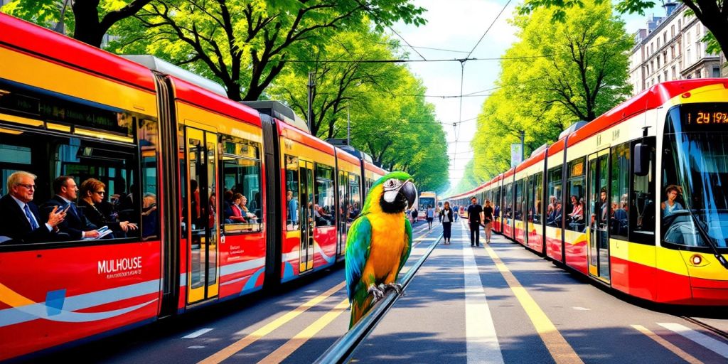 Un perroquet coloré sur une voie de tram à Mulhouse.