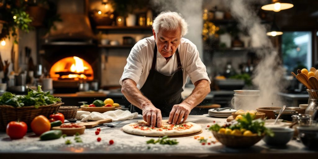 Un pizzaïolo âgé préparant une pizza dans une pizzeria.