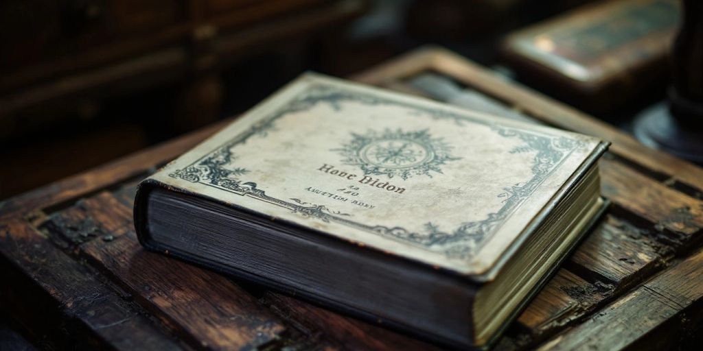 Un livre ancien sur un bloc d'enchères en bois.