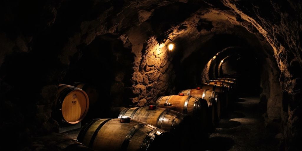 Cave avec fûts de vin vieillissant dans l’obscurité.