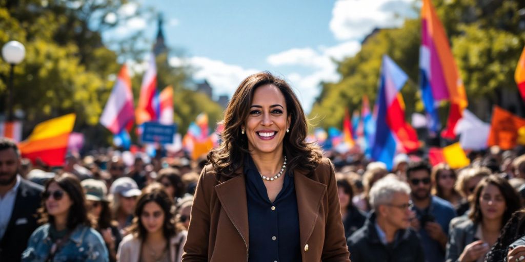 Kamala Harris au milieu d'une foule animée.