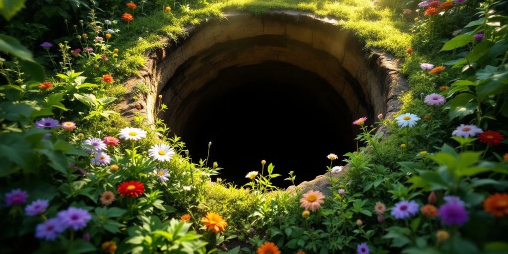 Un trou profond dans un jardin verdoyant.