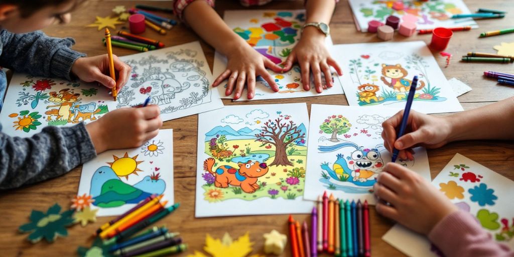 Enfants coloriant des livres de coloriage colorés.