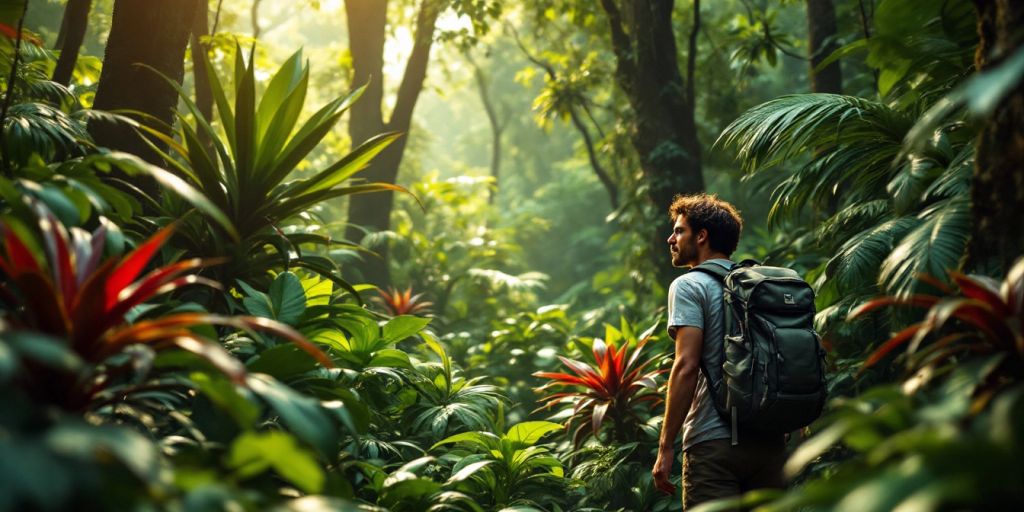 Un touriste perdu dans la dense jungle verdoyante.