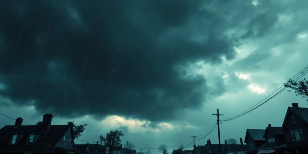 Un ciel sombre sur une commune sous la pluie.